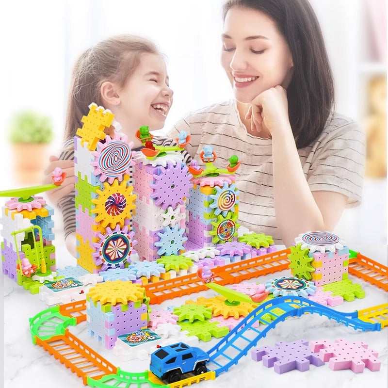 Rotating Building Blocks Toy with Gears and Track
