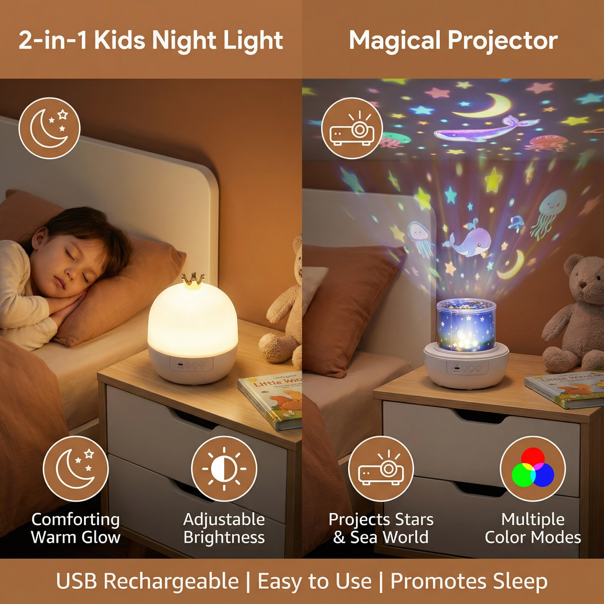 2 in 1 Kids Projector Night Light – Soothing Bedtime Music & Images
