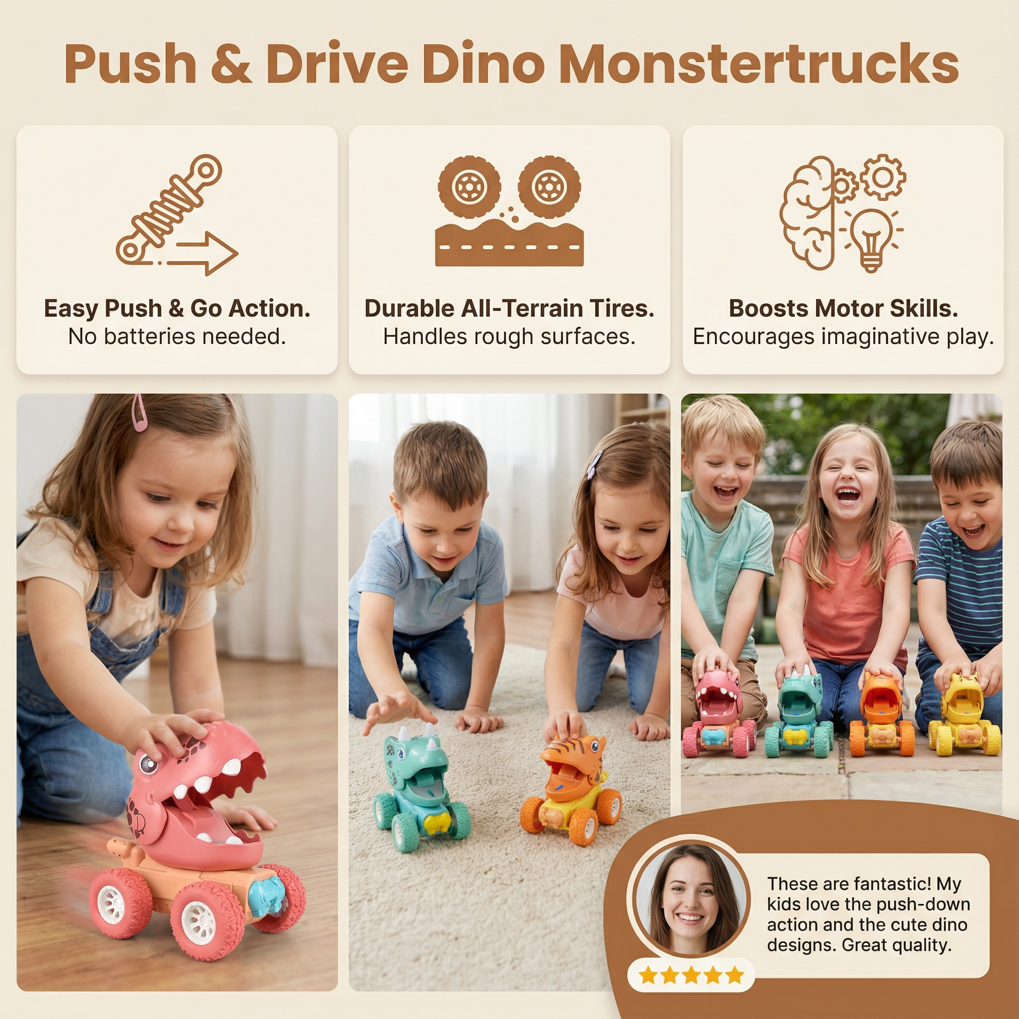 Dino Monster Trucks – Easy Push Play for Kids