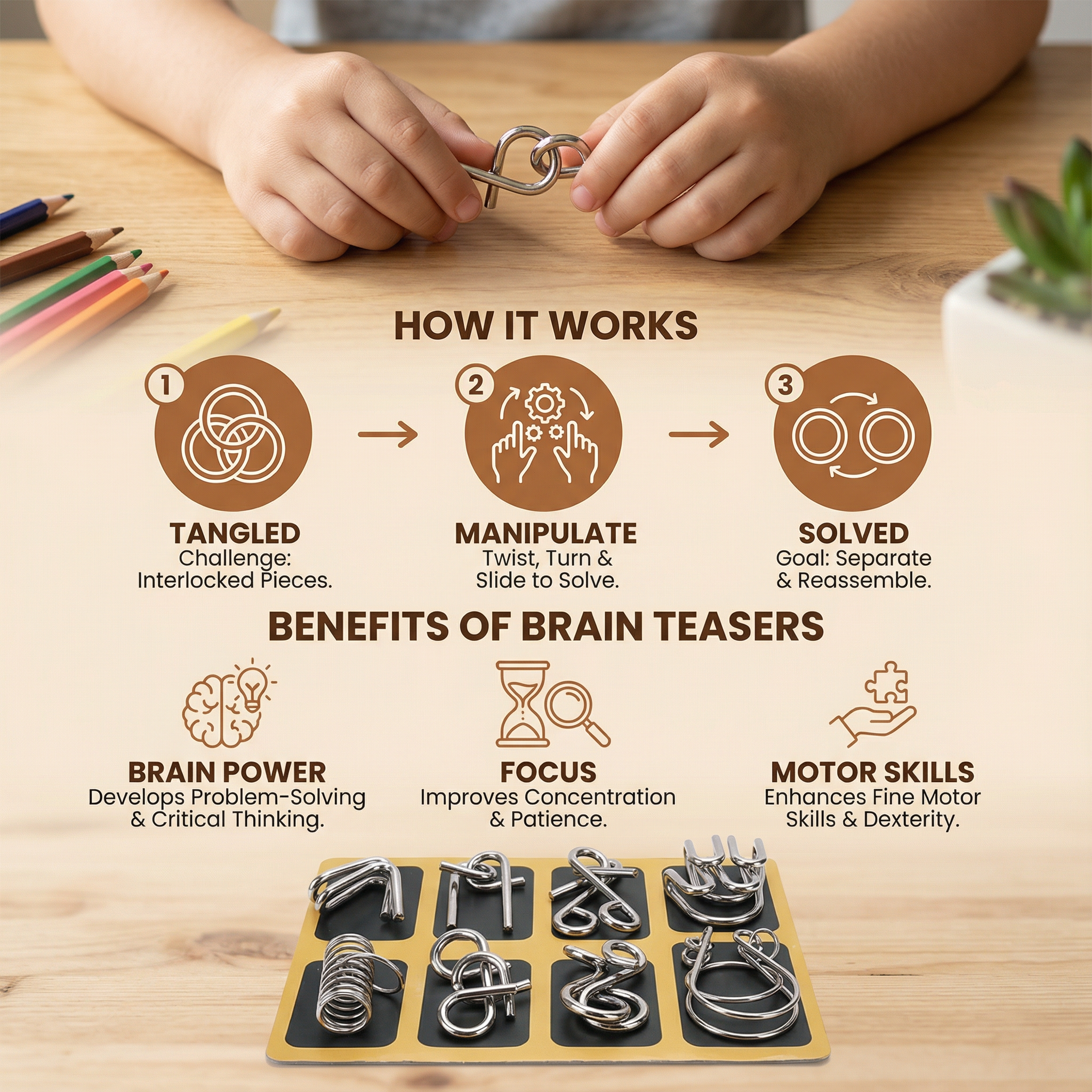 Metal Brain Teaser Puzzles with 36 Logic Challenges for Kids