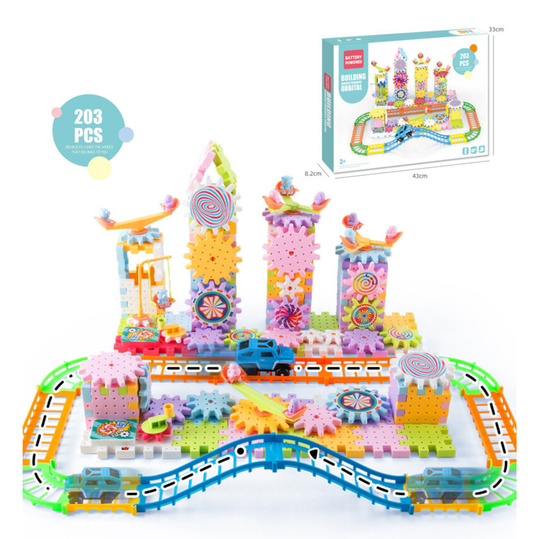 Rotating Building Blocks Toy with Gears and Track