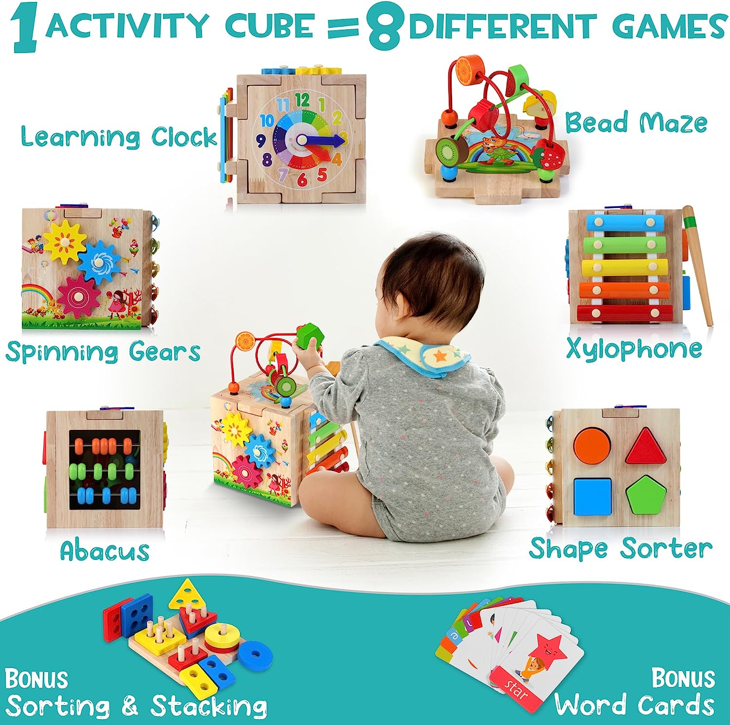 8-in-1 Montessori Activity Cube with Sensory Games for Toddlers