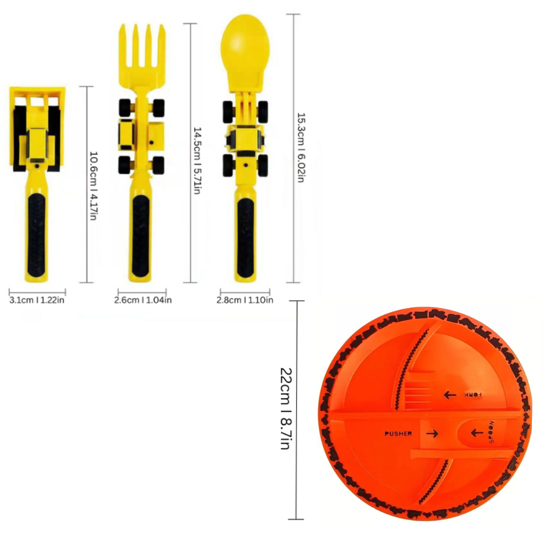 Easy-Grip Toddler Utensils – Construction-Themed Cutlery with Plate
