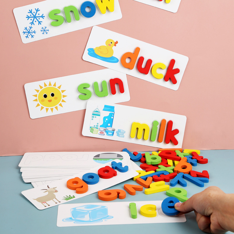 Wooden Letter Spelling Game with 52 Letters and Flashcards