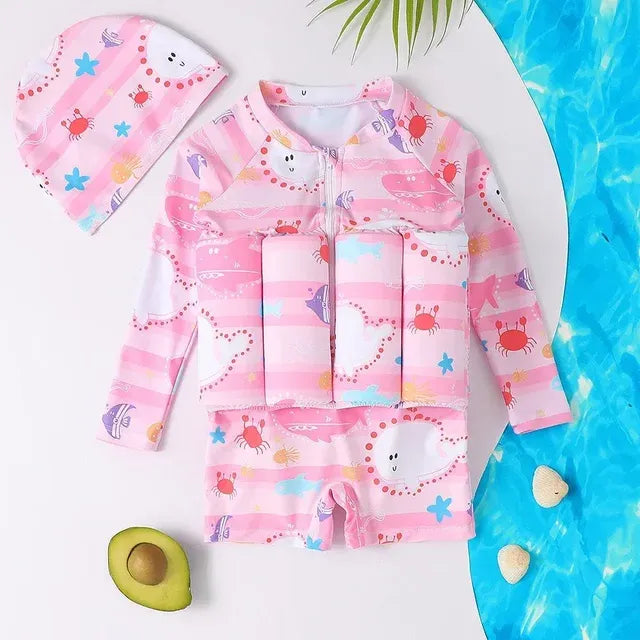 Kids Buoyancy Swimsuit with Float Support and Printed Sea Creature