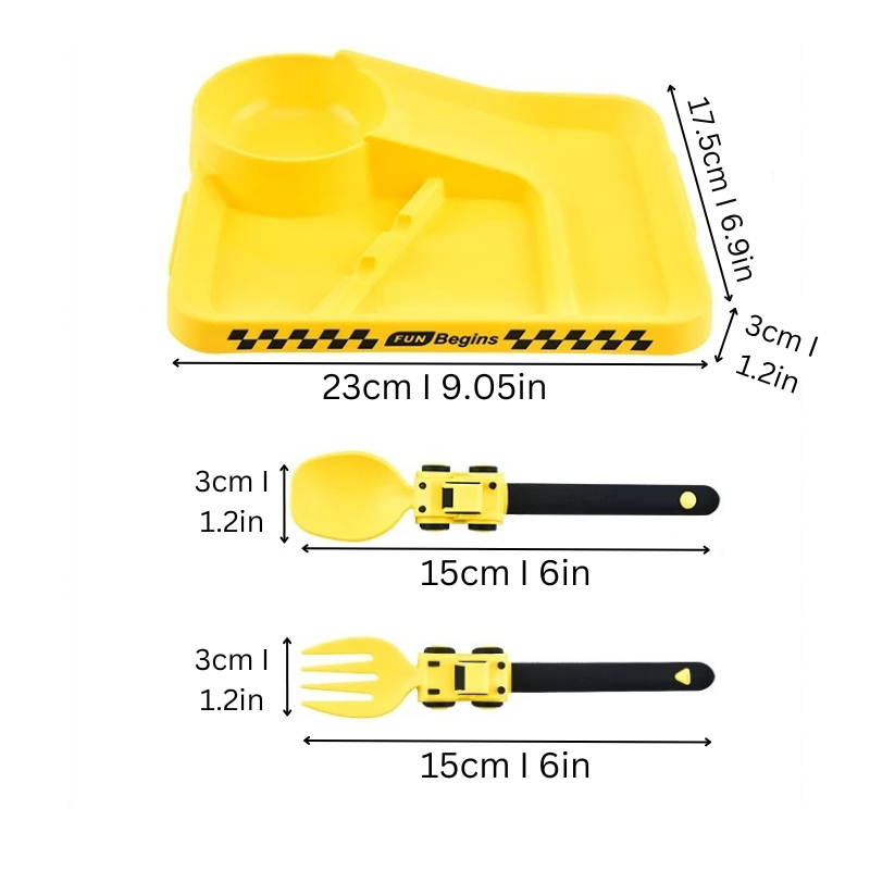 Easy-Grip Toddler Utensils – Construction-Themed Cutlery with Plate
