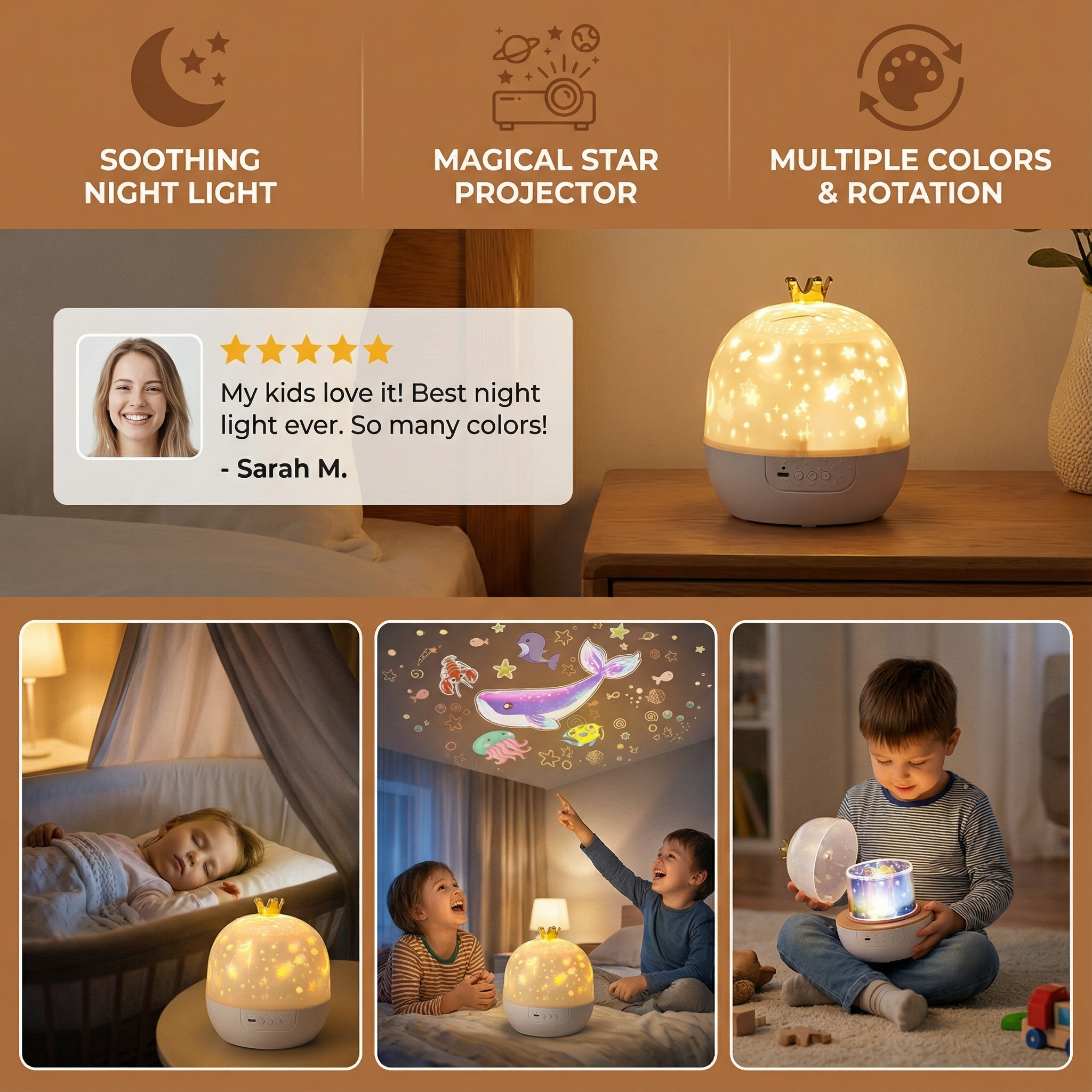 2 in 1 Kids Projector Night Light – Soothing Bedtime Music & Images